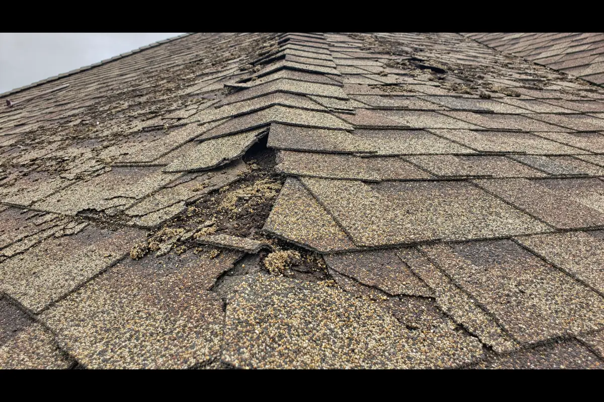 A shingle slope with granules stripped off and washed down into the keyways and valley.