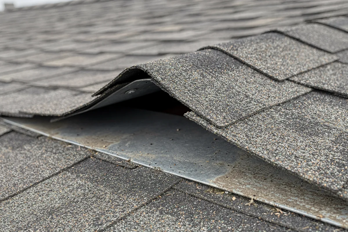 A lifted course of shingles at a roof edge with the bare metal beneath showing in the gap.